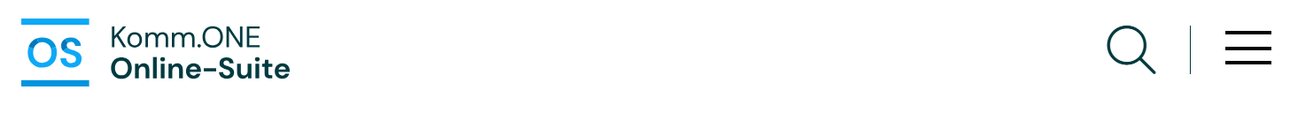 Logo der Online Suite mit Text "Komm.ONE Online Suite" + Suchlupe + Burgerbutton (3 waagrechte Balken)