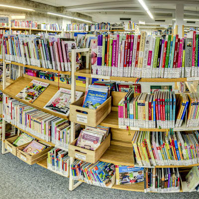 Volles Bücherregal in einer öffentlichen Bibliothek.