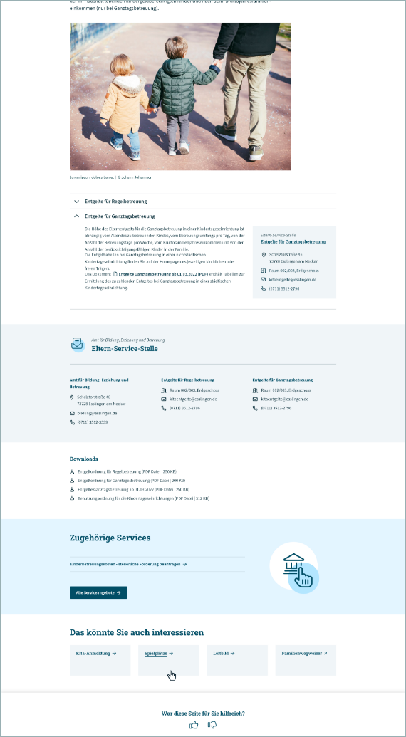 Übersicht einer Detailseite der Webseite Esslingen mit vielen Texten und einem großen Bild.