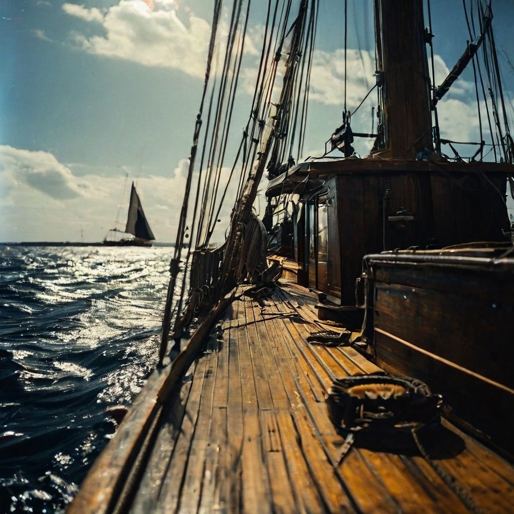 Blick auf ein Segelboot, das die Segel noch nicht gesetzt hat. Schwimmend in größeren Gewässern im Hintergrund ein weiteres Segelboot blauer Himmel und ein paar weiße Wolken bei Sonnenschein. Im 