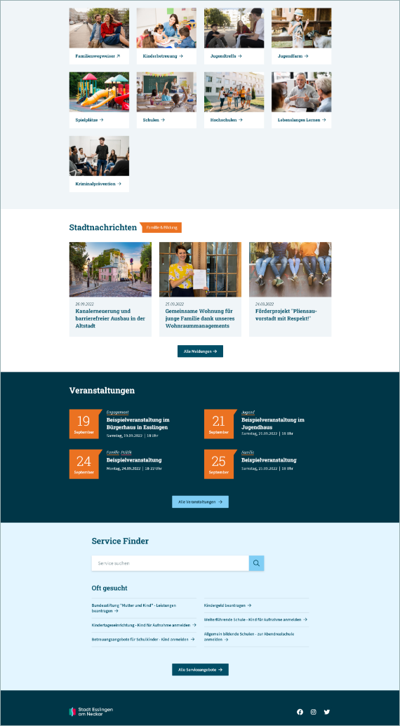 Übersicht einer Rubrikseite der Webseite Esslingen mit verschiedenen Bildern, die zu weiteren Unterseiten führen