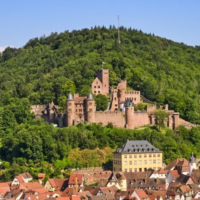 Große Burg in einem begrünten Hang oberhalb der Stadt Wertheim.