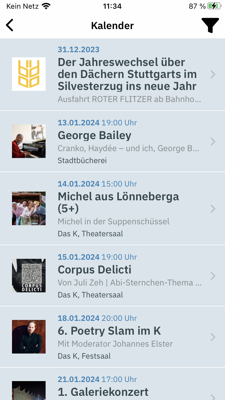 Ein Screenshot, über die Filterfunktion der App von Kornwestheim.