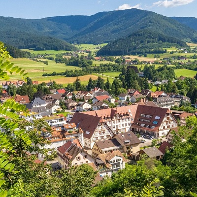 Panoramablick auf Gutach in einer grünen Hügellandschaft, umgeben von Wäldern und Feldern.