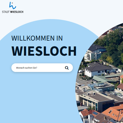 Startseite der Wiesloch Webseite mit dem Schriftzug "Willkommen in Wiesloch und einer Suchleiste darunter.
