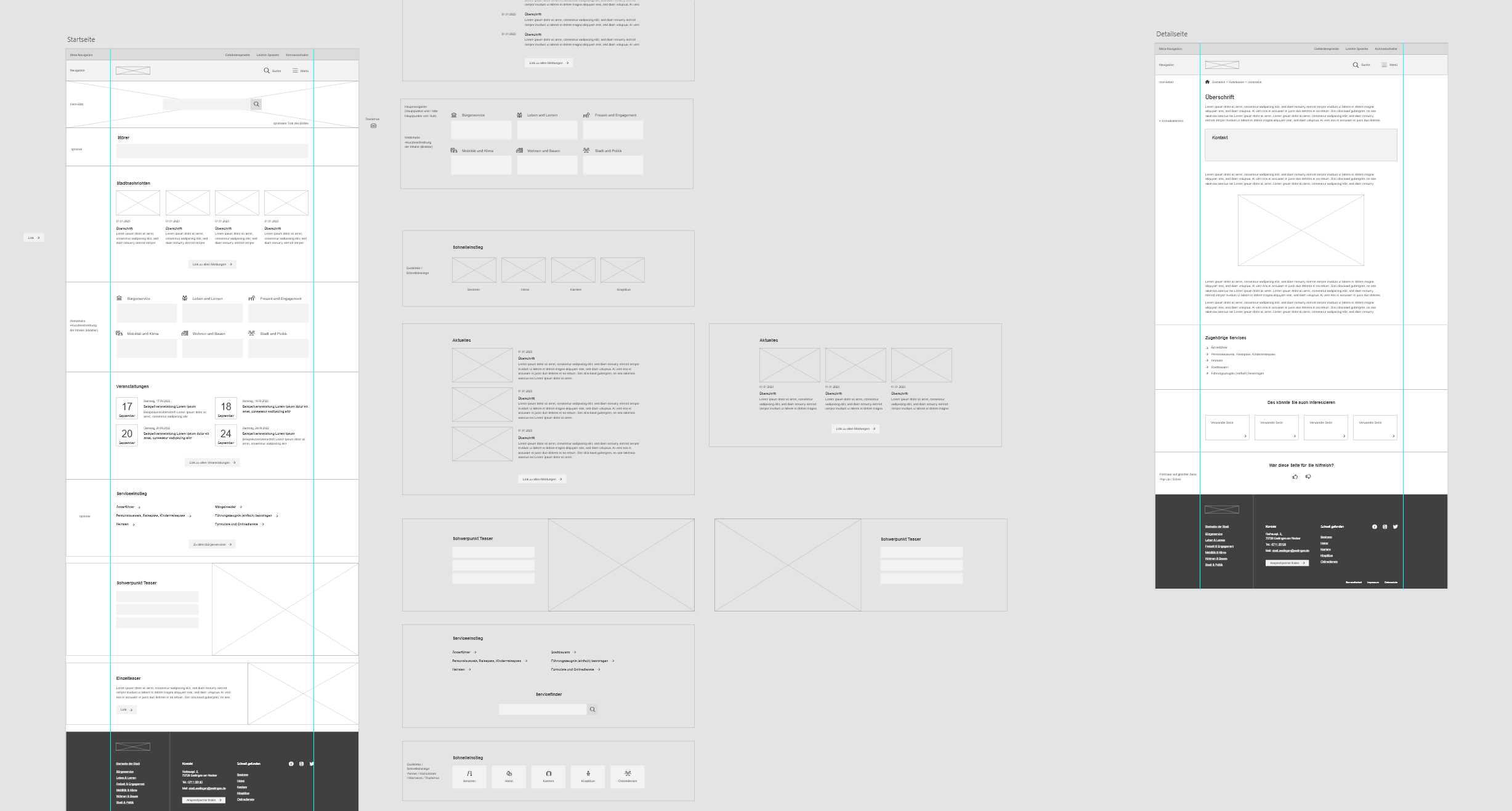 Wireframe-Design für eine Website mit verschiedenen Layouts, Menüs und Formularen, in hellen und dunklen Farbtönen.