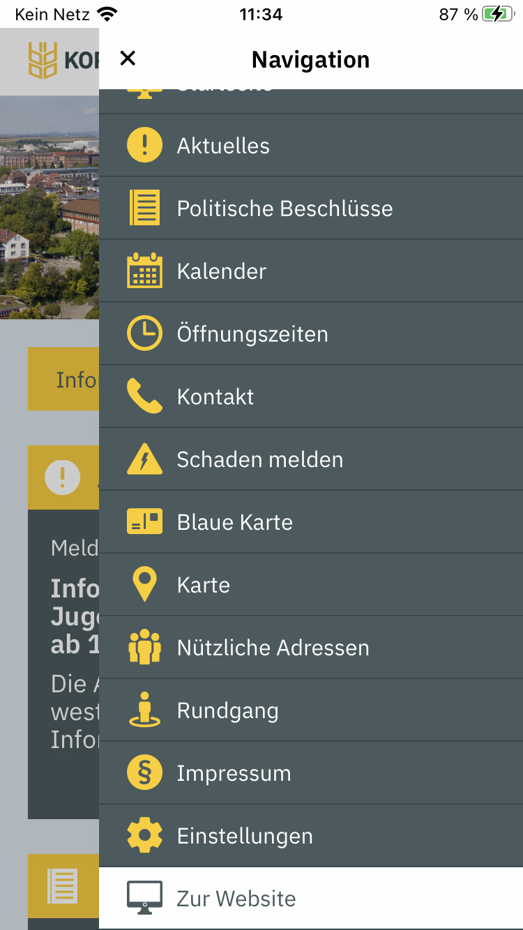 Ein Screenshot, über die Funktionen der App von Kornwestheim.