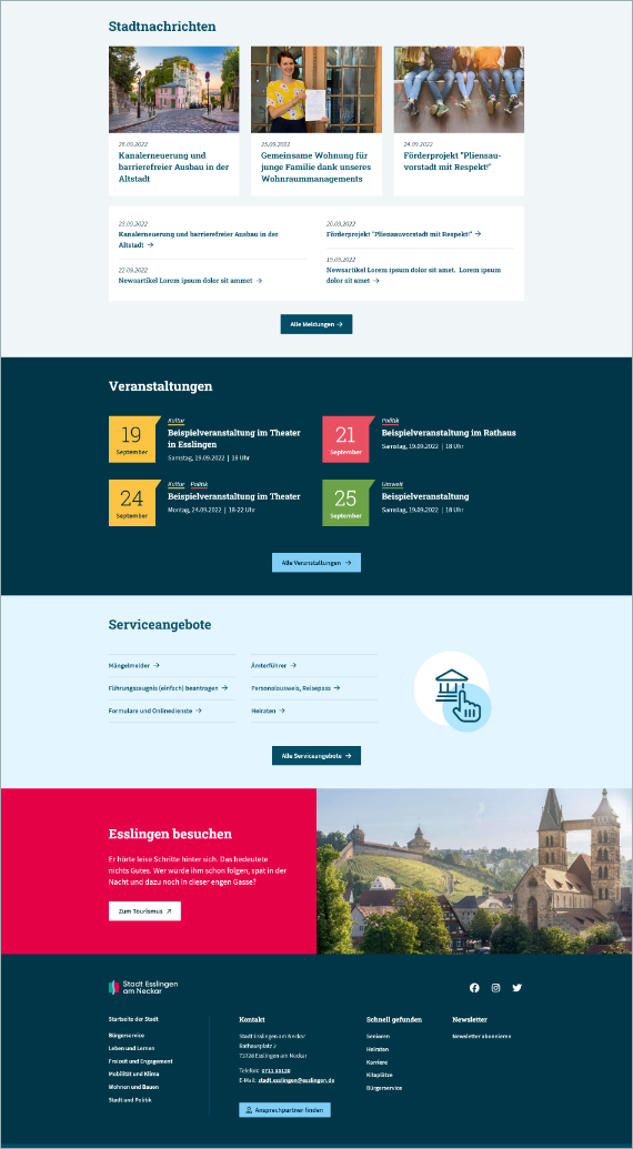 Übersicht der Startseite der Webseite Esslingen mit aktuellen Meldungen, einem Veranstaltungskalender und weiteren Bildern.
