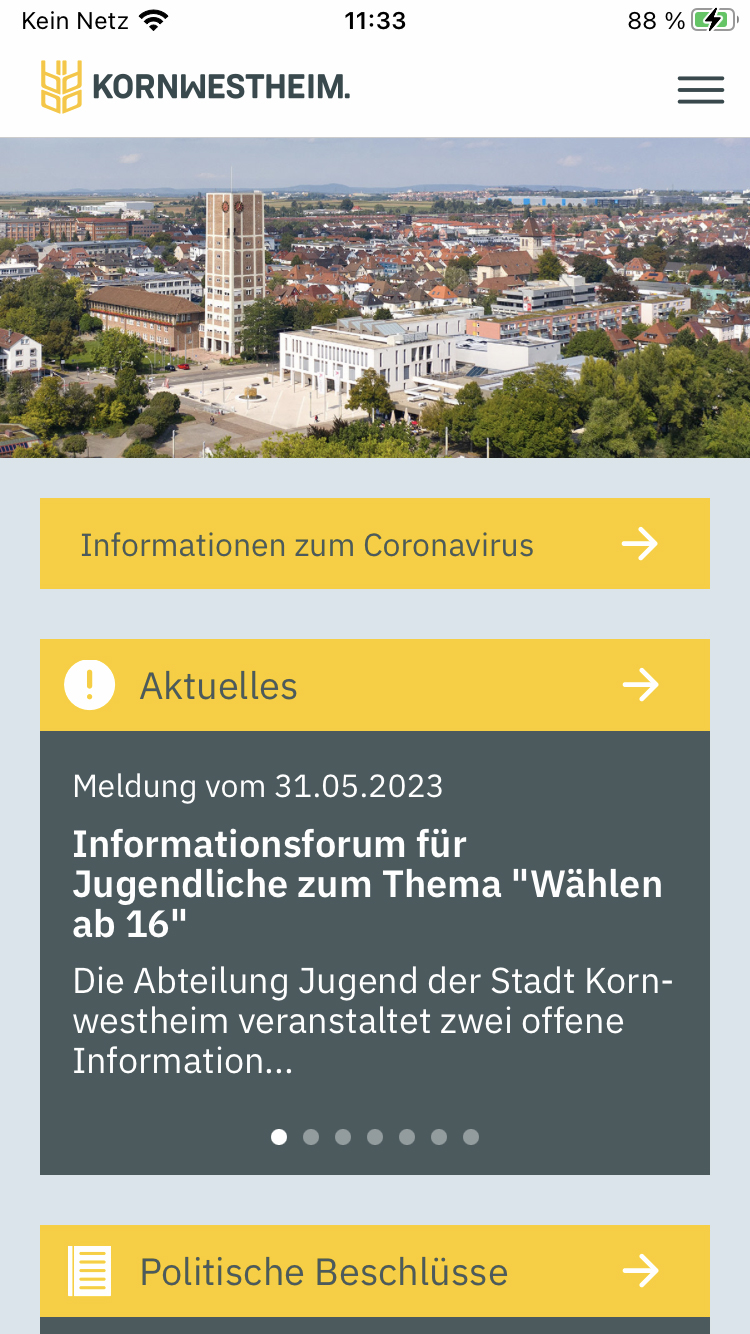 Ein Screenshot, der Appansicht von Kornwestheim.