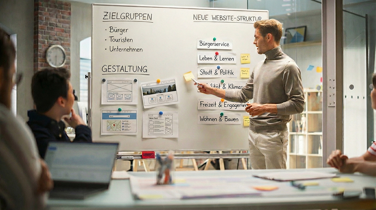 Eine Person stehend am Whiteboard, mehrere Personen sitzen am Tisch diese schauen aufmerksam gefüllte Whiteboard