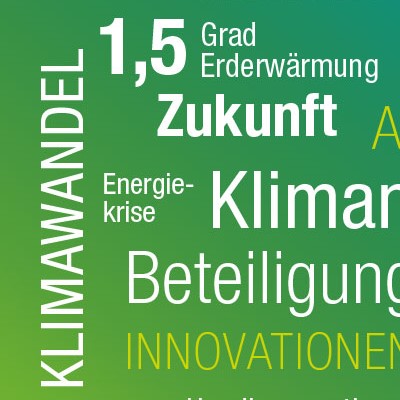 Wortsammlung zum Thema Klimawandel auf grünem Hintergrund.