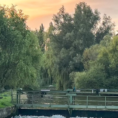 Eine ruhige Flusslandschaft mit Bäumen im Hintergrund und einem kleinen Wehr im Vordergrund. Der Himmel zeigt sanfte Farben bei Sonnenuntergang.